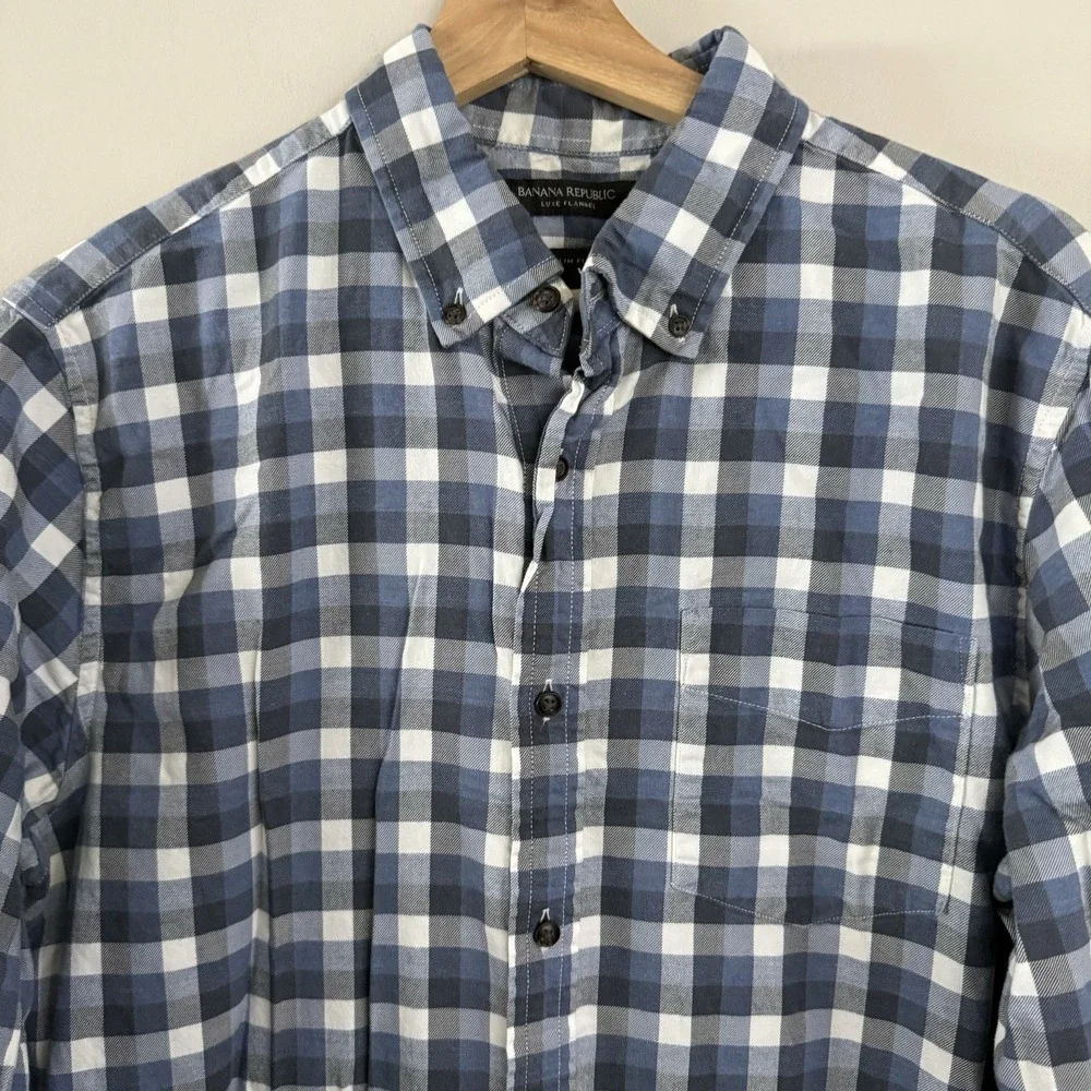 Banana Republic Luxe Flannel Shirt Men Large Blue White Check Slim Fit Button Up